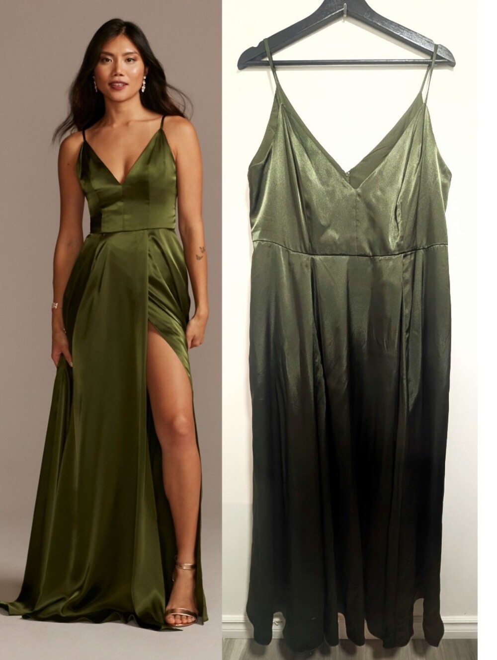 Galina Signature | Charmeuse Deep V-Neck A-Line Dress In Martini Olive GS290019